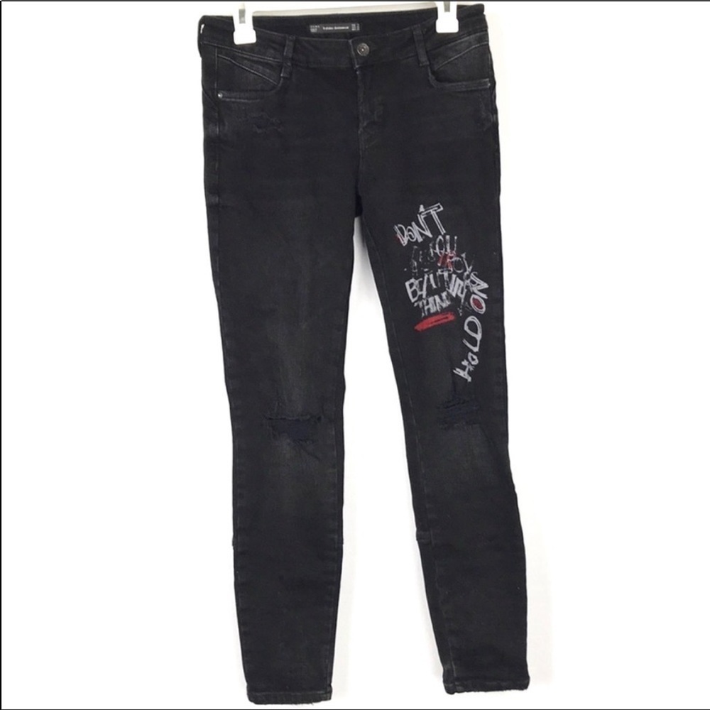 Zara Black Dark Rinse Distressed Metal Pin Ankle Skinny Jeans Size 6